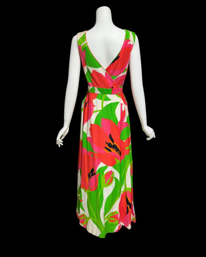 MALIA HONOLULU, vintage 1960s dress, Hawaiian wrap cotton maxi sundress, Hot Pink Green Summer Beach Party dress
