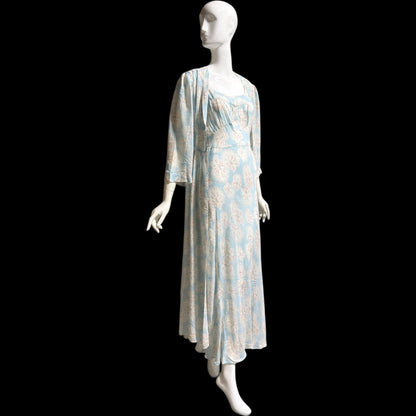 RADCLIFFE vintage nightgown robe set, 1940s FLORAL blue bias cut lingerie slip dress peignoir
