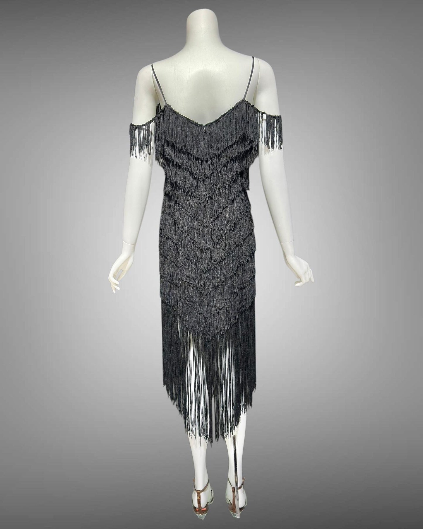 TD4 vintage 1980s Fringed evening cocktail dress, black mini party flapper slip dress