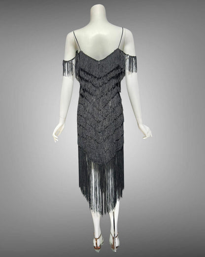 TD4 vintage 1980s Fringed cocktail dress, black mini party flapper slip dress