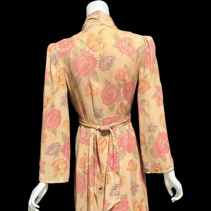 1930s vintage silk chintz floral robe, Dusty pink wrap front long house coat, Rehabilitated Wounded Bird