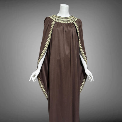 1970s vintage caftan dress, brown and gold metallic kaftan with attached cape