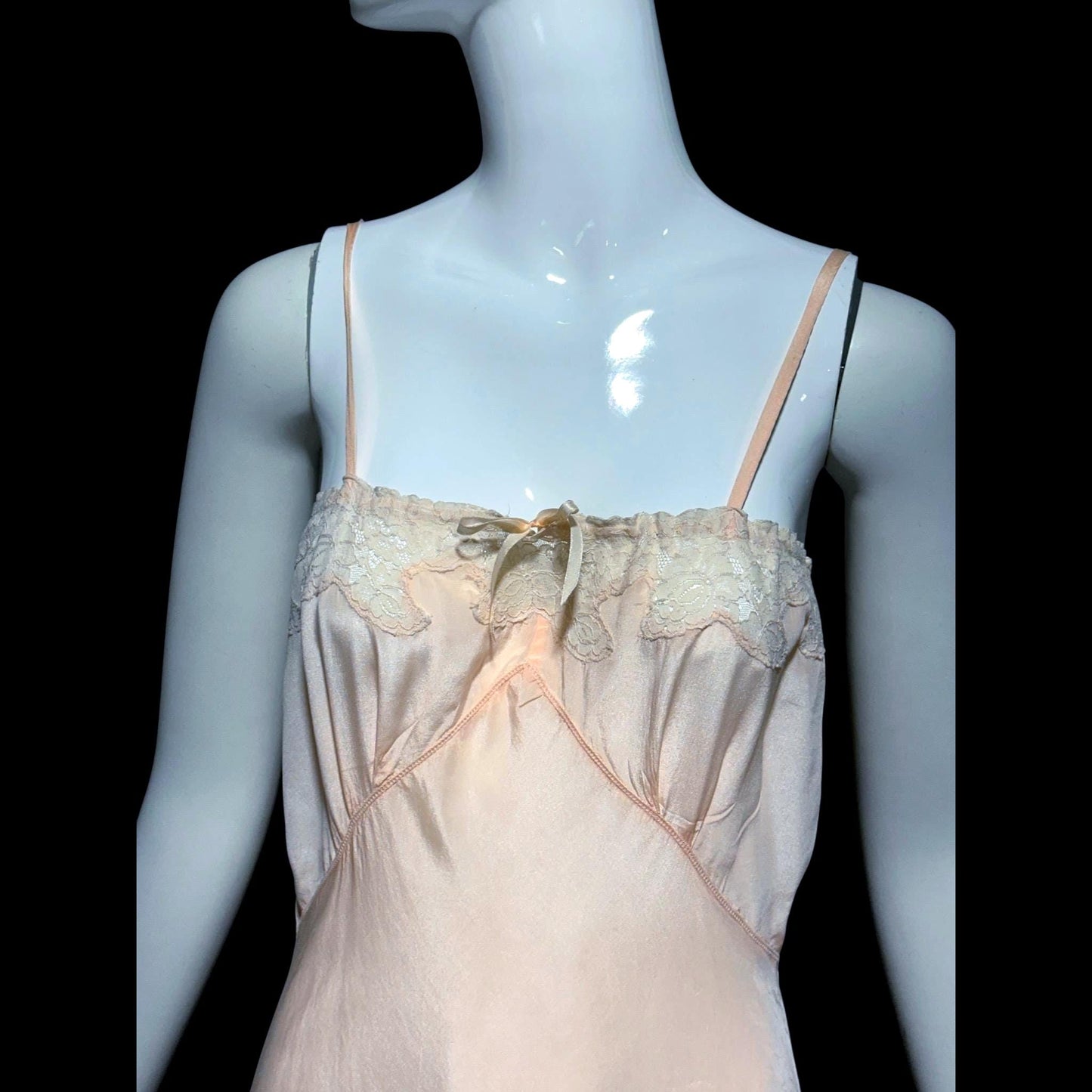 1930s vintage Pale Peachy Pink Rayon Slip Dress: Bias Cut Nightgown, Lace Trim