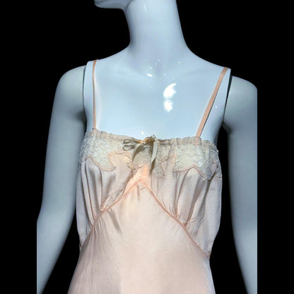 1930s vintage Pale Peachy Pink Rayon Slip Dress: Bias Cut Nightgown, Lace Trim