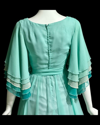 JACK BRYAN, vintage 1970s teal green chiffon evening dress with beaded flutter sleeves
