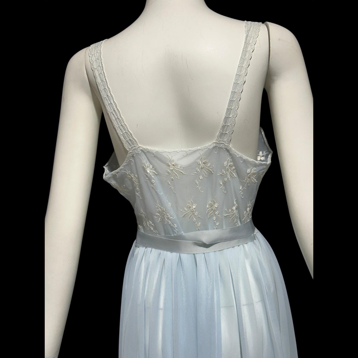 ROGER'S RUN-PROOF 1950s vintage Nightgown: powder blue sheer Nylon Slip Dress with white embroidery