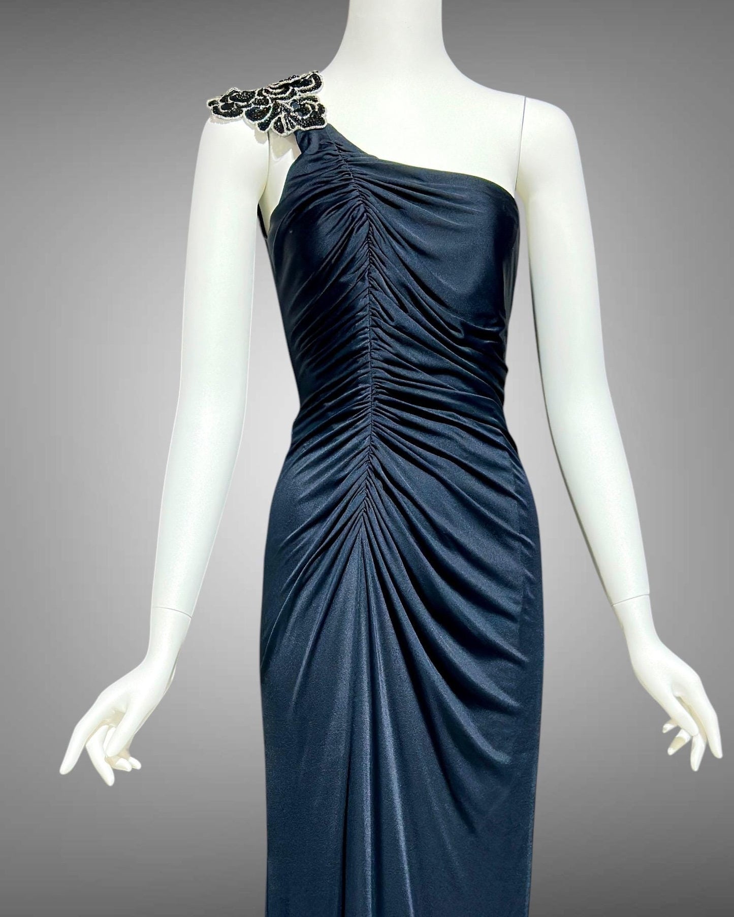 EUGENE ALEXANDER 1980s vintage Slinky Black sheath evening dress, One Shoulder Grecian Goddess gown