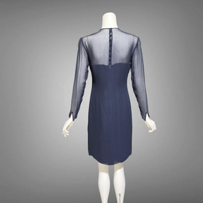 JEAN-LOUIS SCHERRER, vintage 1980s evening cocktail dress, navy blue sheer silk dress
