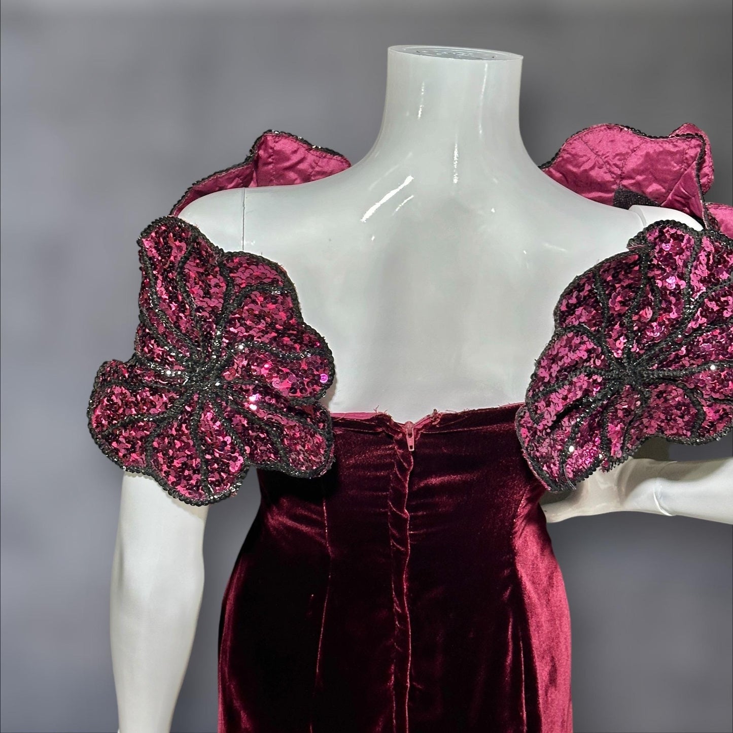 EUGENE ALEXANDER 1980s vintage evening gown, burgundy velvet sheath dress, HUGE Sequin Flowers