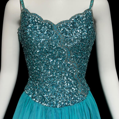 MIKE BENET, vintage 1960s evening dress, mermaid teal blue chiffon beaded sequins prom dress