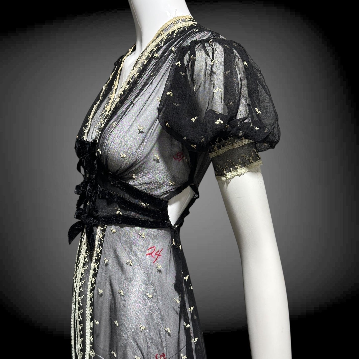 1930s Vintage Sheer Lace Evening Dress: Black embroidered babydoll Dress