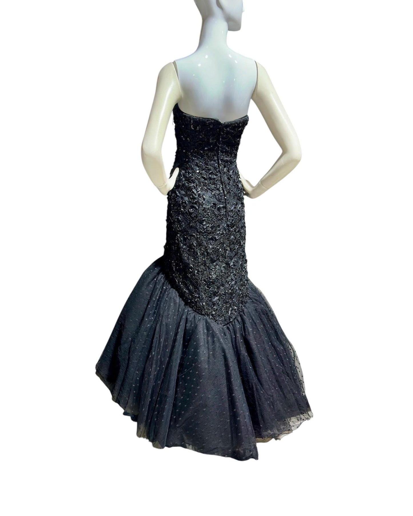 DAVID FIELDEN, vintage evening dress gown, 1980s Neiman Marcus, Black Mermaid sequin gown, Strapless