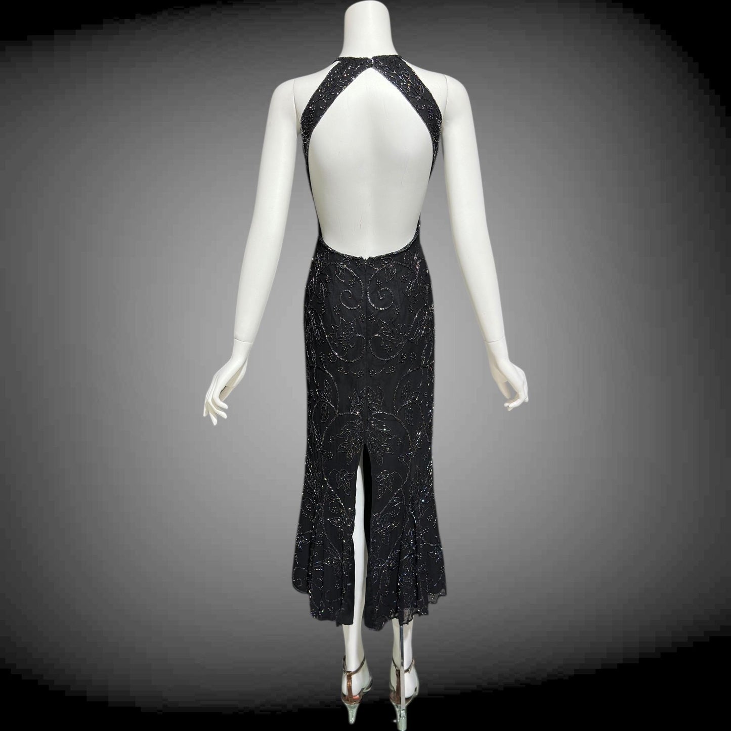 CACHE vintage 1990s evening dress, Bodycon black beaded racer back sheath slip dress, backless cocktail party dress