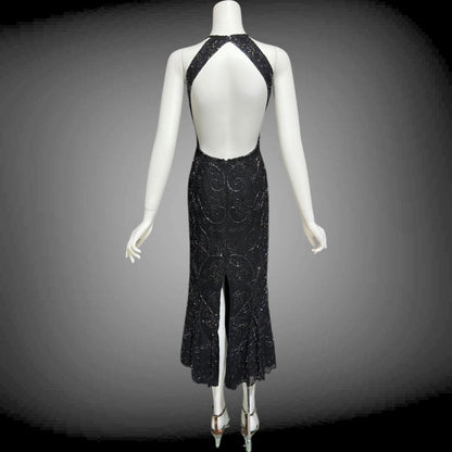 CACHE vintage 1990s evening dress, Bodycon black beaded racer back sheath slip dress, backless cocktail party dress