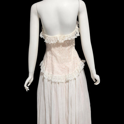 1940s vintage dress gown, soft petal pink and white cotton eyelet, with white organdy evening wedding gown
