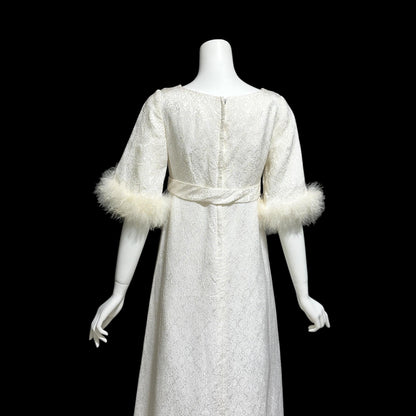 1960s vintage wedding dress gown, shimmering pearly white damask & marabou feathers bridal evening dress