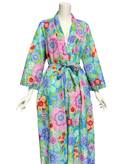 STELLA FAGIN, vintage 1960s Robe, Long Airy Blue and Pink Embossed Flower Wrap Front dressing gown