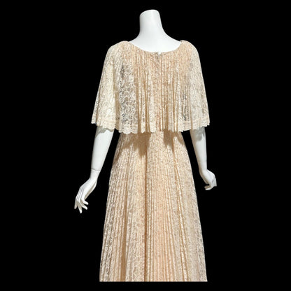 1970s vintage evening dress, peachy lace pleated dress, ruffled cape collar hippie boho chic evening gown, 36 bust