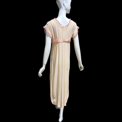 1920s vintage nightgown dress, Romantic Dusty pink cotton gauze muslin lingerie dress with needlework