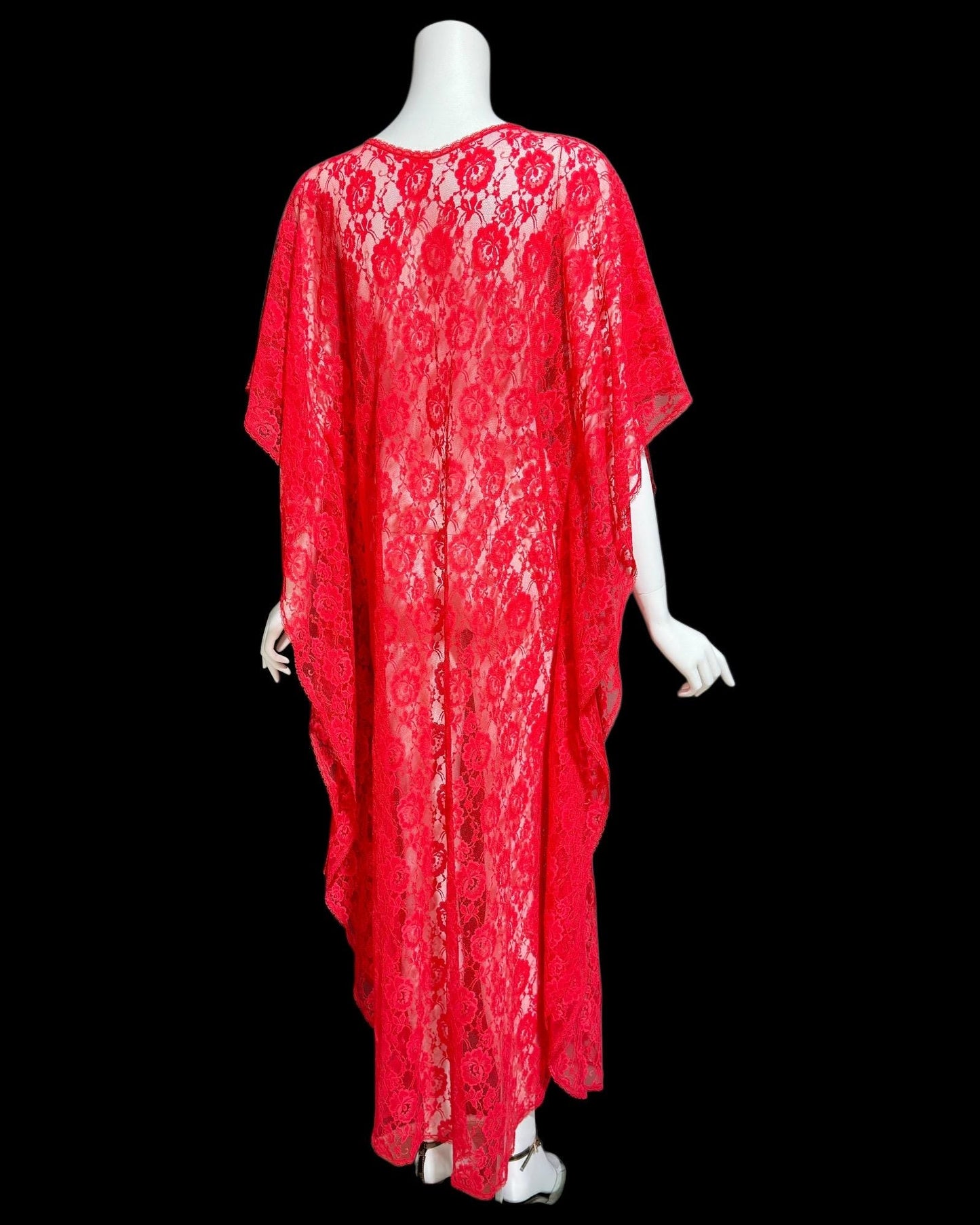 GLYDONS vintage 1960s caftan dress, Red lace sheer see through nylon kaftan