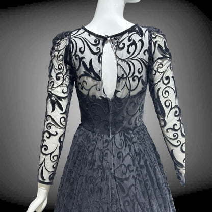 CAROLINE CHARLES, vintage 1980s evening dress ball gown, Made in England, Neiman Marcus Black formal dress