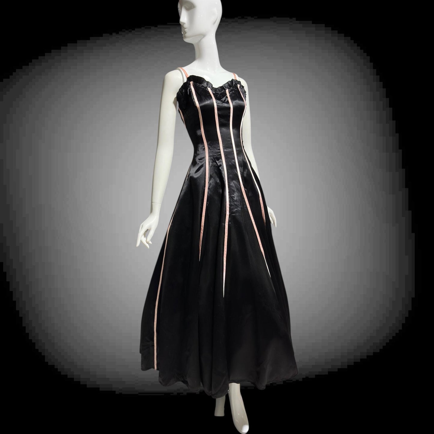 1940s vintage Evening Ball Gown: Black Shiny Satin full sweep formal dress with pink ribbon stripes
