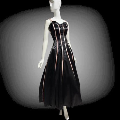 1940s vintage Evening Ball Gown: Black Shiny Satin full sweep formal dress with pink ribbon stripes