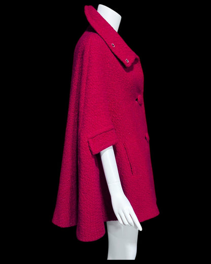 FRANKLIN SIMON, 1960s Mod red swing cape jacket, nubby wool button front car coat