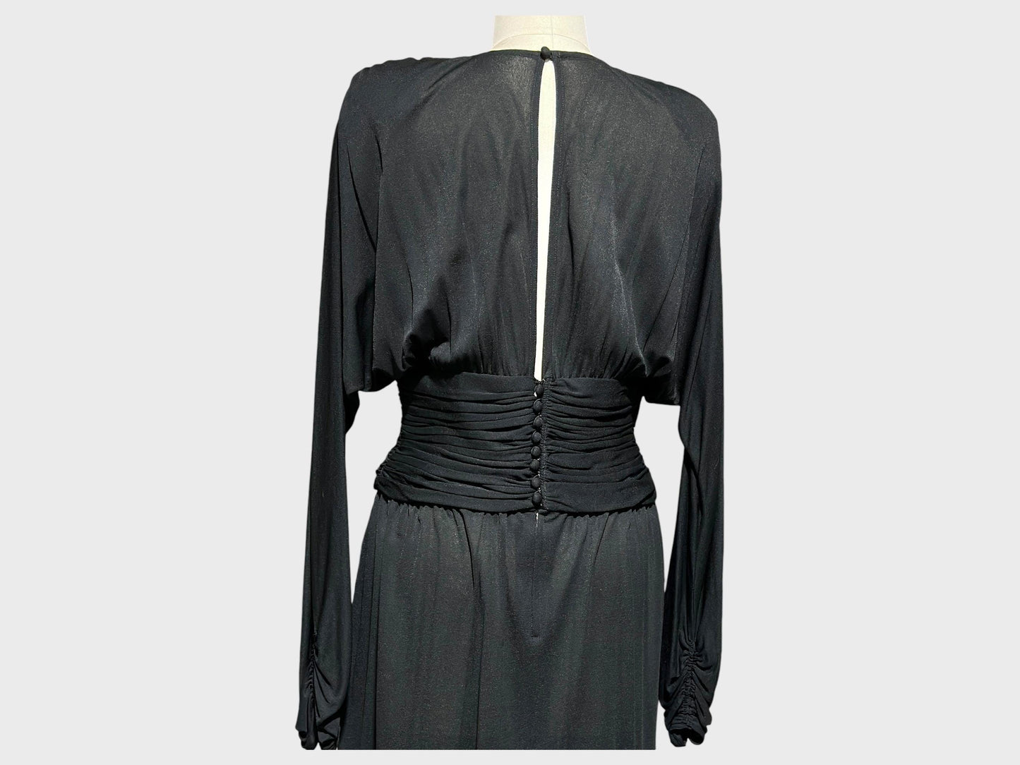 ADELE SIMPSON 1980s vintage evening dress, Sheer Black cocktail party dress, Batwing Sleeves, Keyhole Back