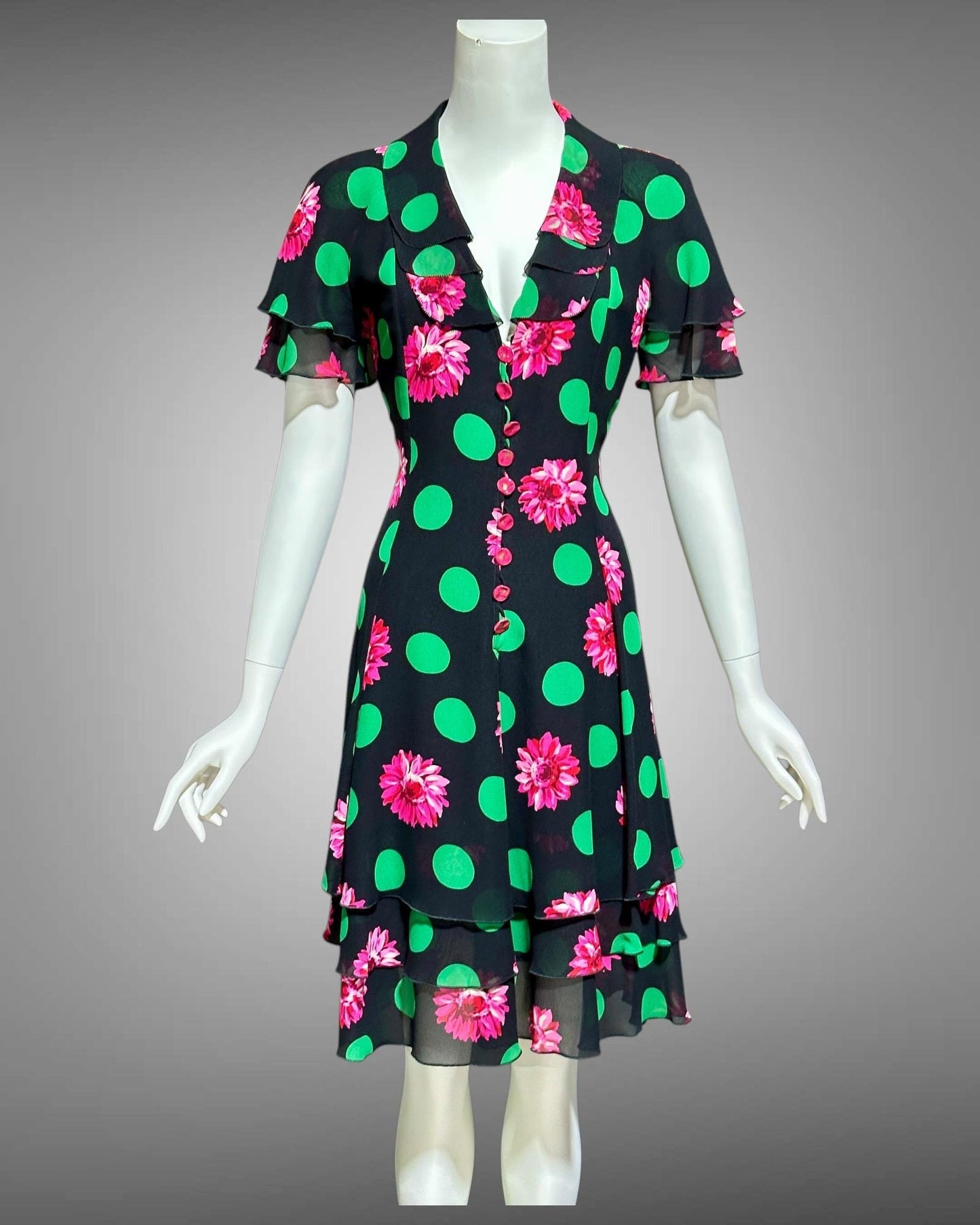 EMANUEL UNGARO 1980s vintage evening dress, polka dots and dahlias, button front flirty tiered ruffle skirt party dress