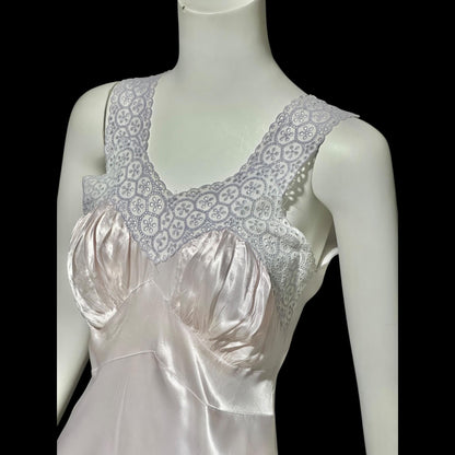 1940s vintage Nightgown slip dress, Shiny bias cut lavender night dress, full length with blue eyelet lace