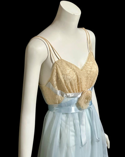 VANITY FAIR vintage 1950s nightgown, Powder Blue Nylon Lace House Dress Grecian Goddess