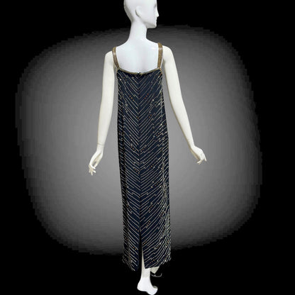 1980s Beaded Silk Sheath Gown: Vintage Black with silver and amber beading, Evening Dress