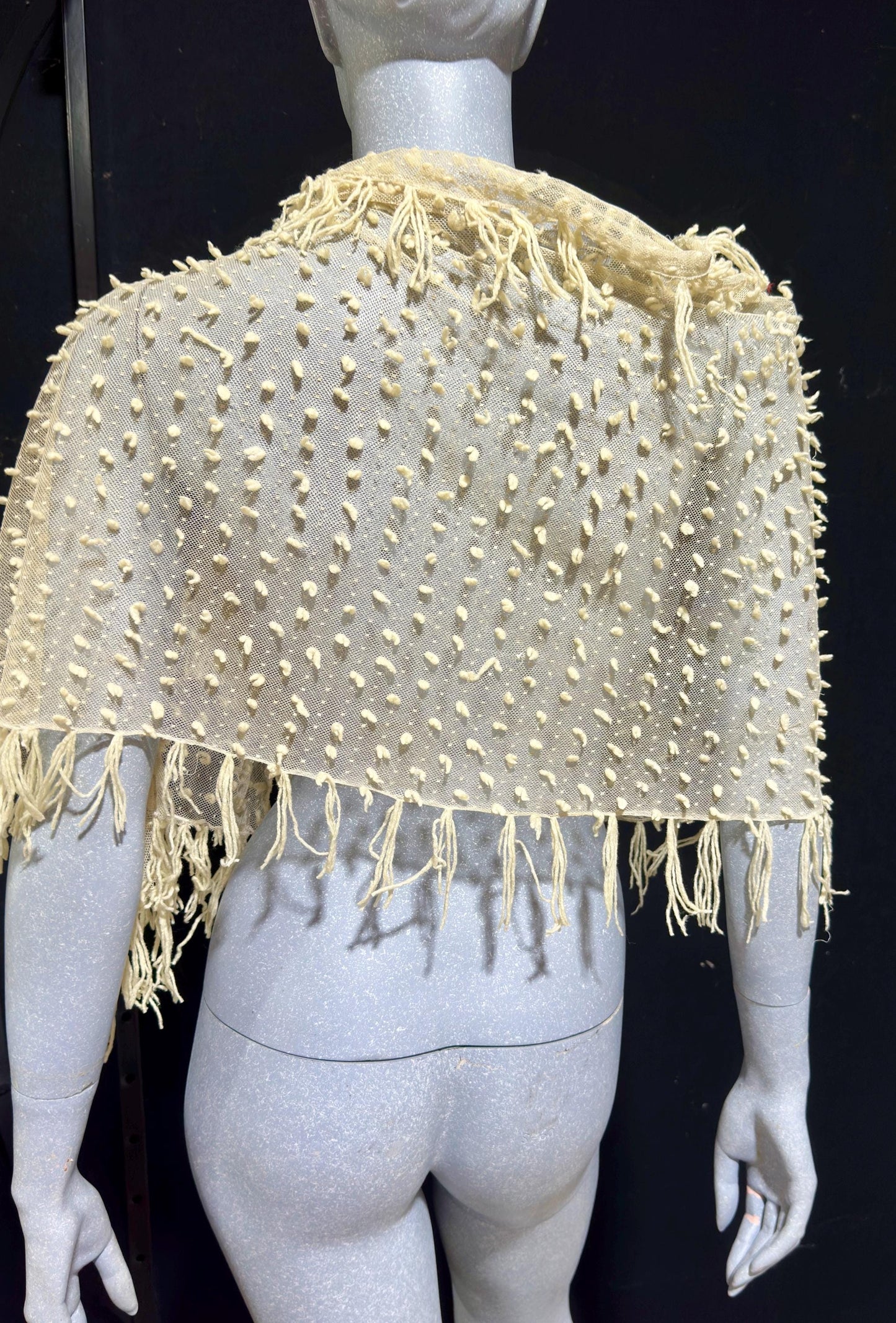 Victorian Edwardian fringed shawl scarf, Creamy White net and yarn Bridal Wrap