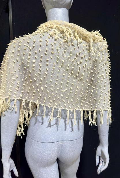 Victorian Edwardian fringed shawl scarf, Creamy White net and yarn Bridal Wrap