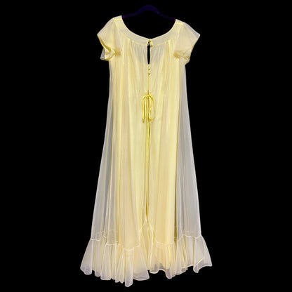 LUCIE ANN Claire Sandra, 1960s Marshall Field daffodil yellow full sweep ruffled nightgown, grecian wrap slip dress