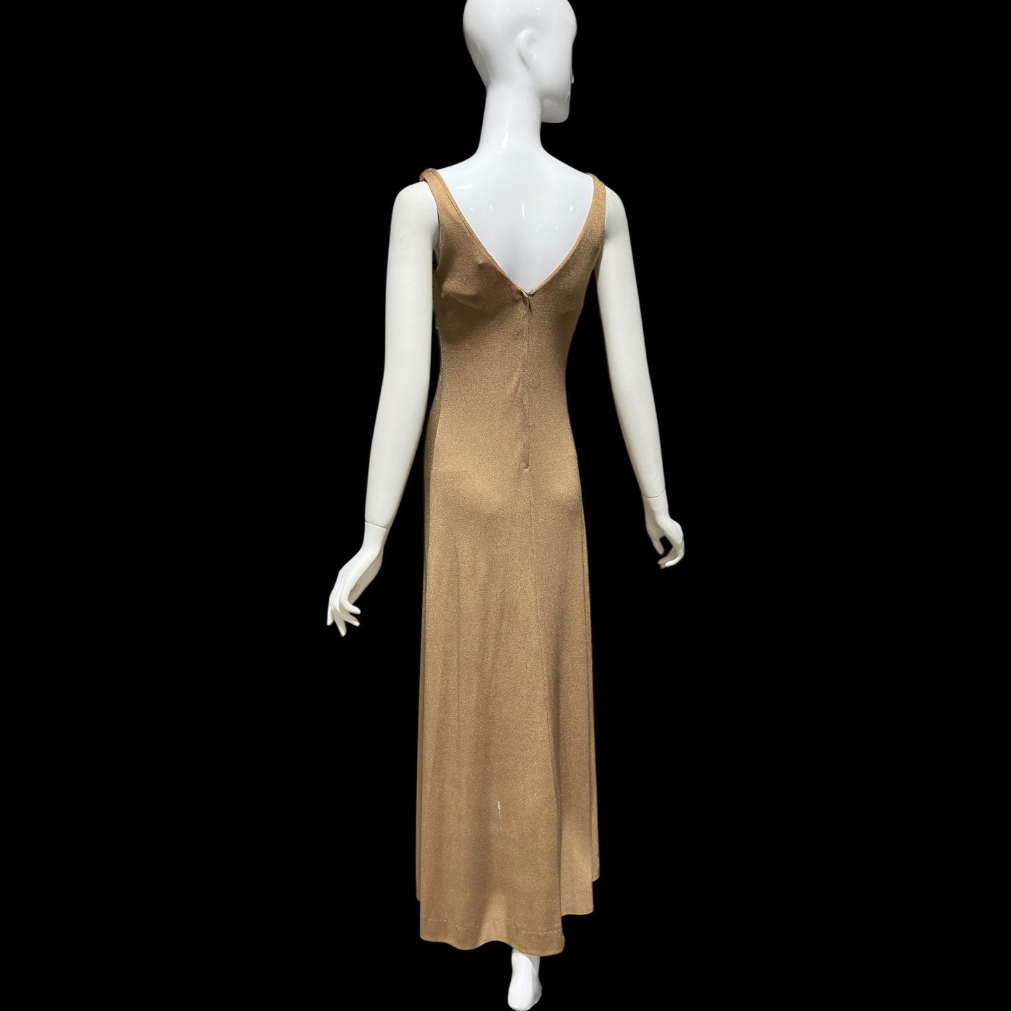 YOUNG DIMENSIONS SAKS Fifth Ave, vintage 1970s evening dress, Bronze slinky metallic knit maxi slip dress, Disco party cocktail dress