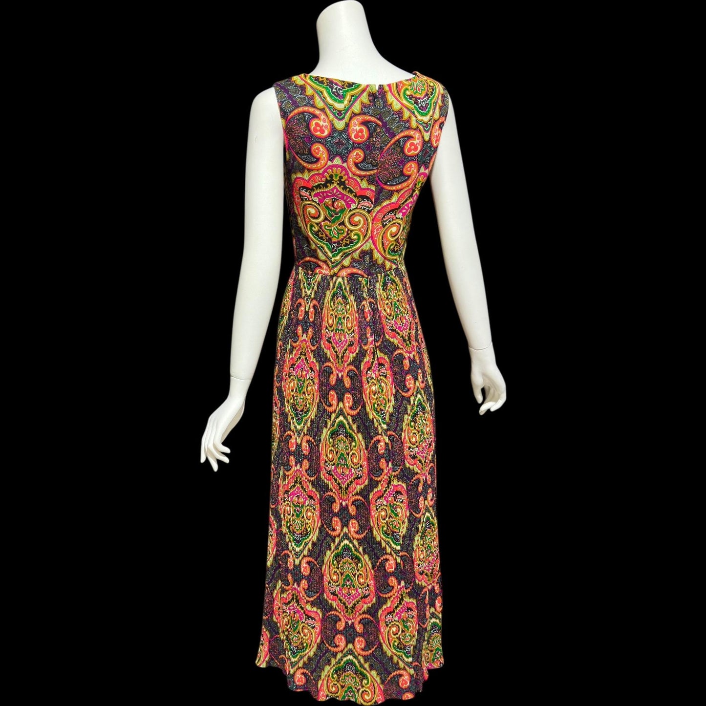 FRED ROTHECHILD, vintage 1970s maxi dress, micro pleated skirt, neon op art paisley, casual day hippie boho dress