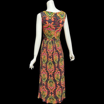 FRED ROTHECHILD, vintage 1970s maxi dress, micro pleated skirt, neon op art paisley, casual day hippie boho dress