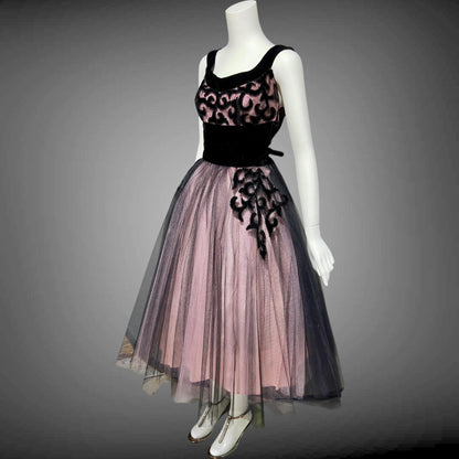 1950s vintage party dress, Dreamy Pink and Black tulle cupcake prom cocktail dress