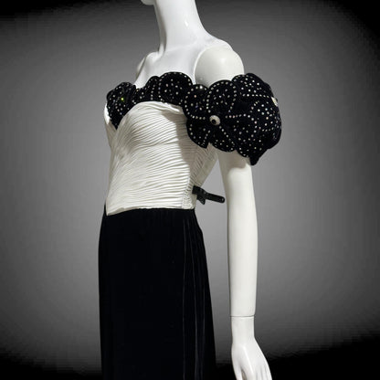 1980s Vintage evening dress gown,  Black Velvet White Plisse and Rhinestones off shoulder gown