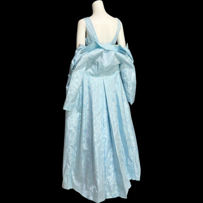 1960s Vintage evening gown and opera coat ensemble, baby blue damask custom mod column dress and duster set