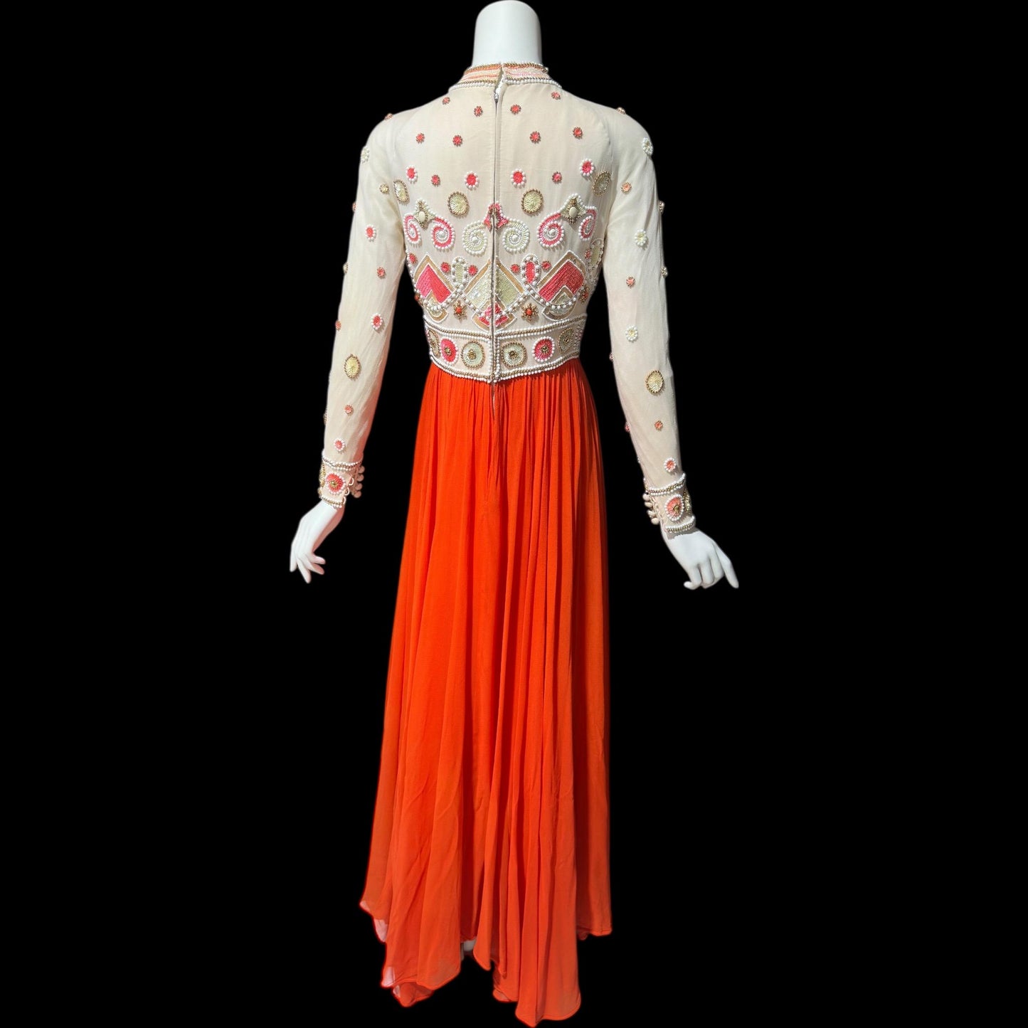 DARNELL OF LONDON, vintage 1960s evening dress, Orange beaded chiffon gown