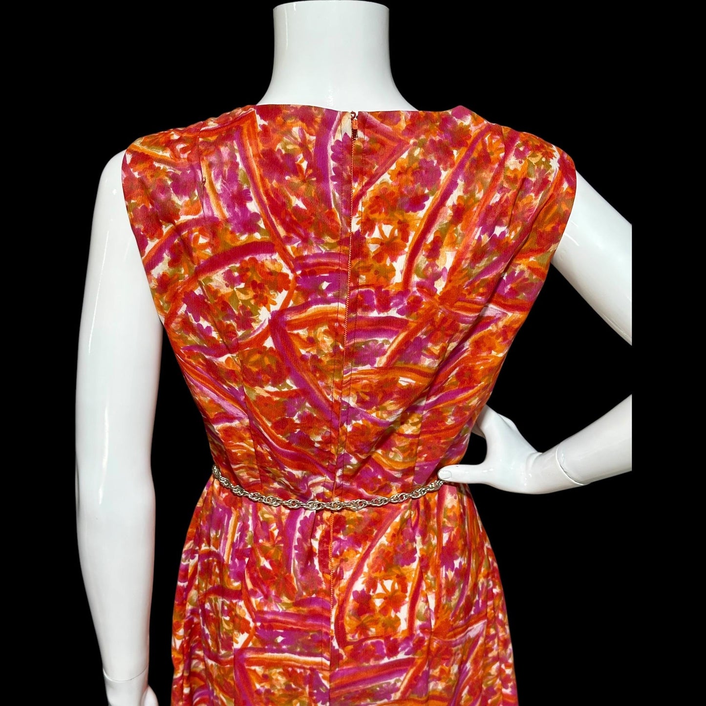 1960s vintage jumpsuit, wide leg flared palazzo pants, hot pink and orange paisley, sleeveless evening summer jumpsuit