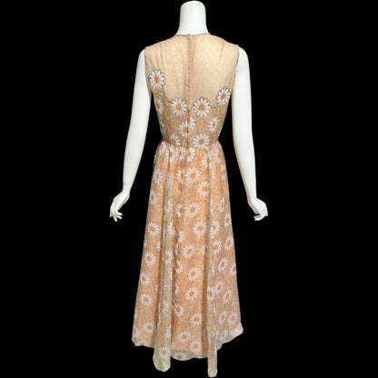 LILLI DIAMOND vintage 1960s evening dress gown, Daisy floral voile maxi dress, illusion neckline