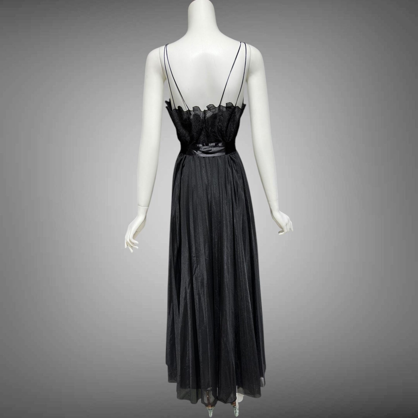 VANITY FAIR, vintage 1950s nightgown slip dress, Black sheer chiffon full pleated night dress, rosette Grecian goddess gown