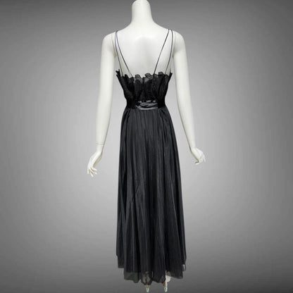 VANITY FAIR, vintage 1950s nightgown slip dress, Black sheer chiffon full pleated night dress, rosette Grecian goddess gown