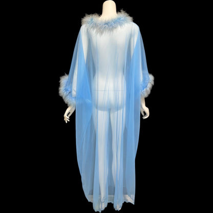 JENELLE of California, vintage 1960s nightgown caftan, Sheer blue nylon with marabou feathers, loose house dress lounging gown