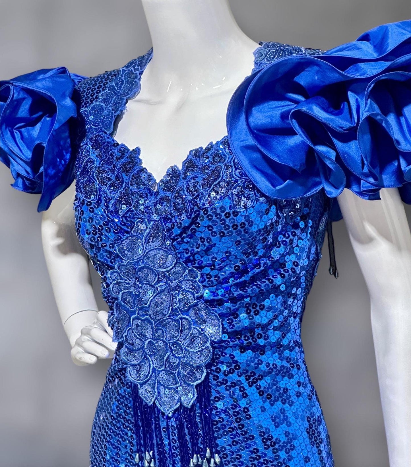 ALYCE DESIGNS 1980s vintage dynasty glam evening gown, Sapphire blue sequins sheath dress, ruffles open back