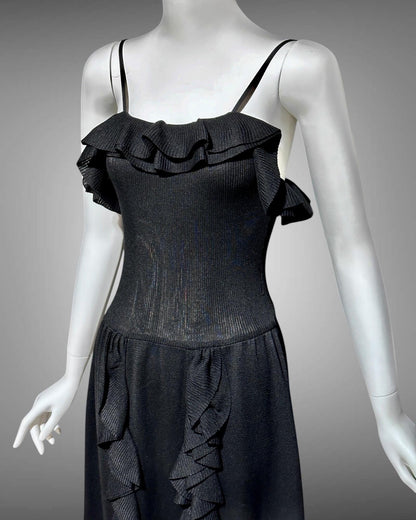 CRISSA 1970s vintage black knit ruffled slip dress, long maxi evening dress